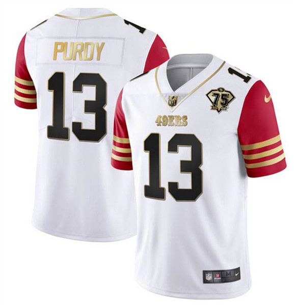 Men's San Francisco 49ers #13 Brock Purdy White/Red With 75th Anniversary Patch Stitched Jersey